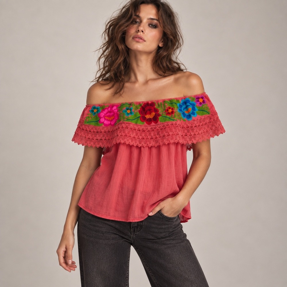 Vintage Mexican Peasant Blouse Coral Floral Embroidered Crochet Artisan Boho S/M